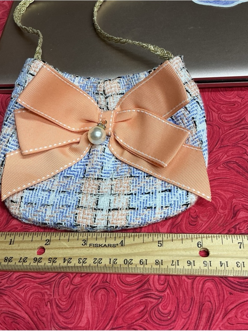 Girls Peach Bow Tweed Crossbody Purse with Pearl Accent